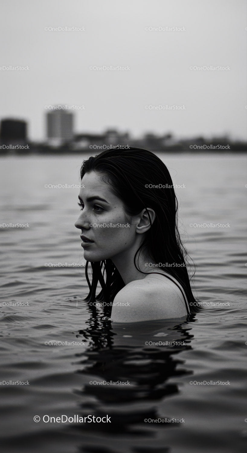 Serene Female Portrait in Water with Urban Background