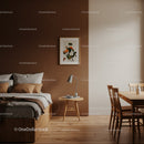 Cozy Bedroom with Wooden Furniture and Artistic Wall Decor