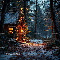 Cozy Cabin Decorated for Christmas in Snowy Forest
