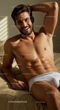 Relaxed man smiling in white underwear on bed