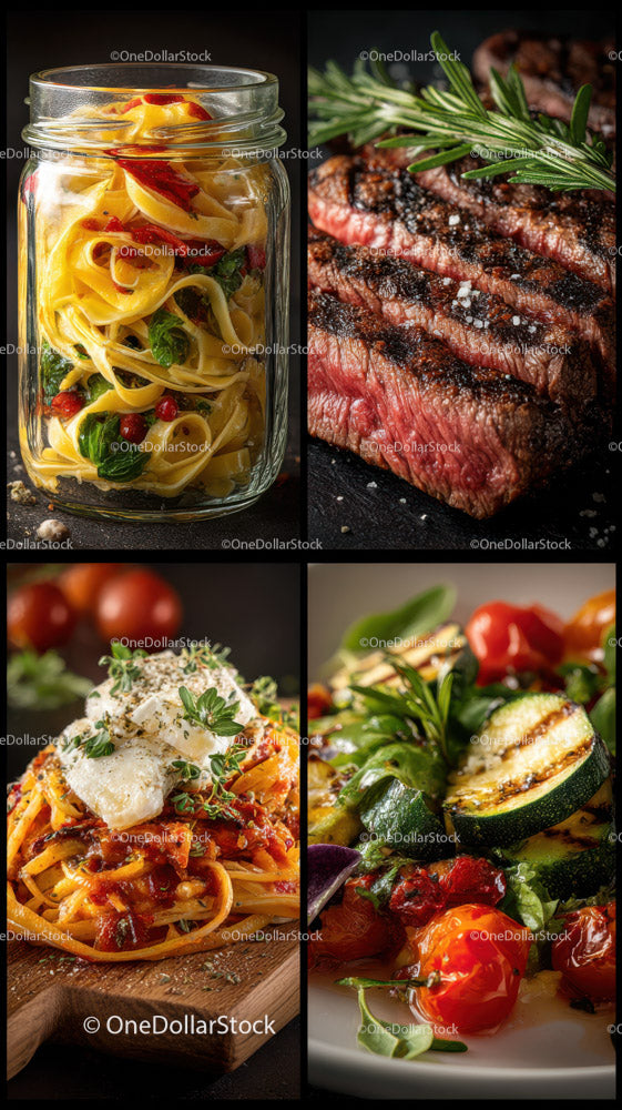 Assorted Gourmet Food Platter with Pasta Vegetables and Steak