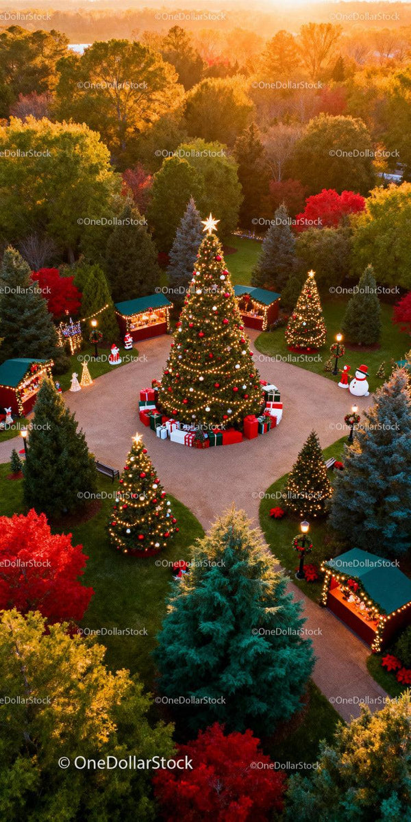 Festive Christmas Market with Decorated Trees at Sunset