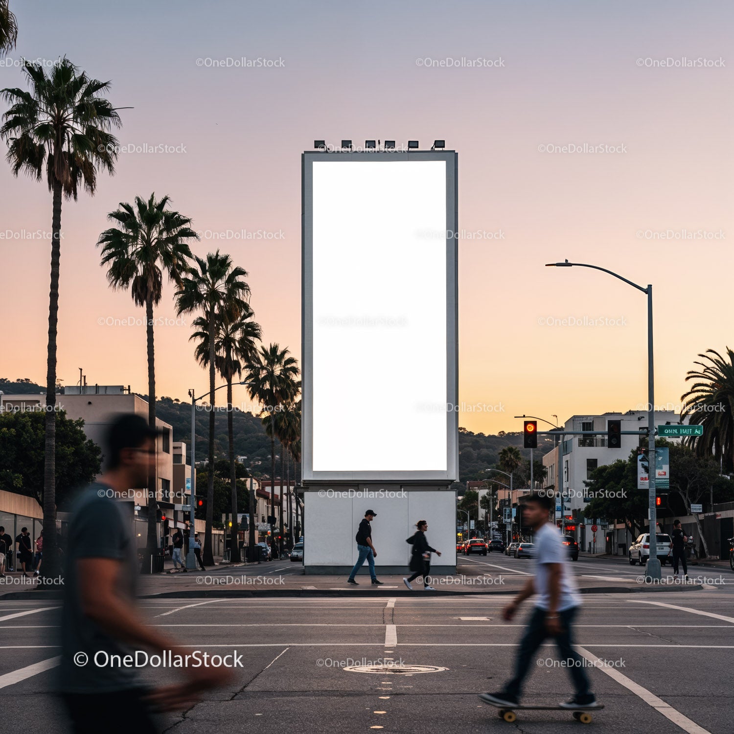 Urban street scene with blank billboard at sunset