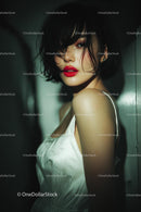 Elegant Woman with Red Lips in Stylish Evening Dress