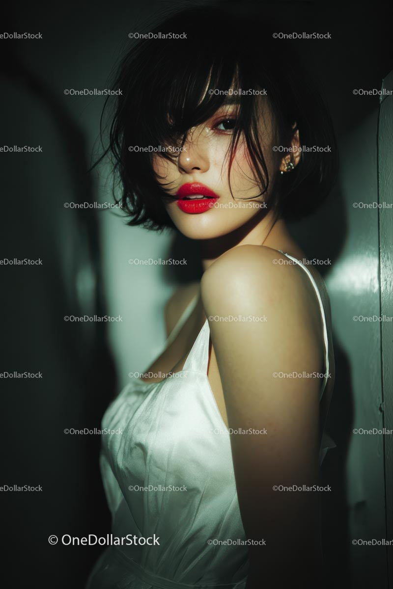 Elegant Woman with Red Lips in Stylish Evening Dress