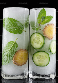 Fresh mint and cucumber frozen in ice cubes