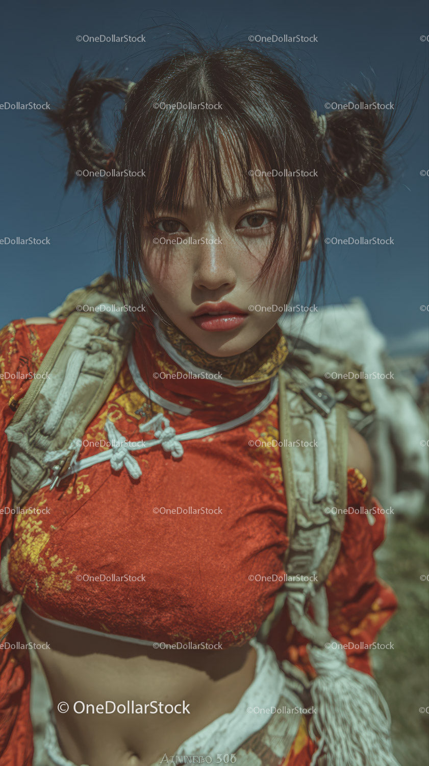Young Woman with Unique Hairstyle in Adventure Outfit Outdoors