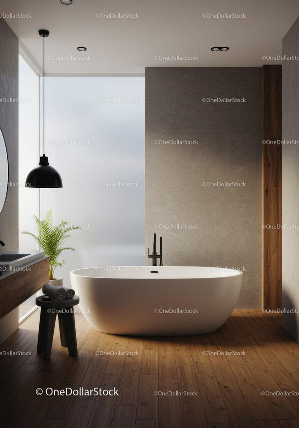 Modern Minimalist Bathroom with Freestanding Bathtub and Wooden Floors