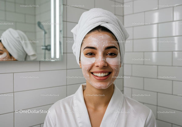 Smiling woman with face mask and eye patches in bathroom