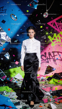 Elegant woman walking through vibrant urban art scene
