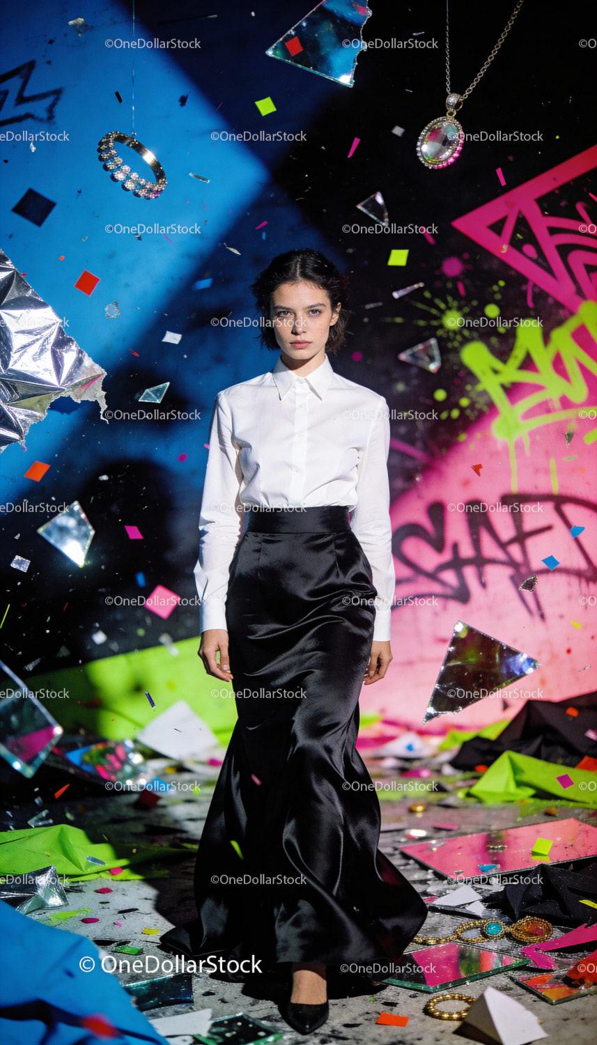 Elegant woman walking through vibrant urban art scene