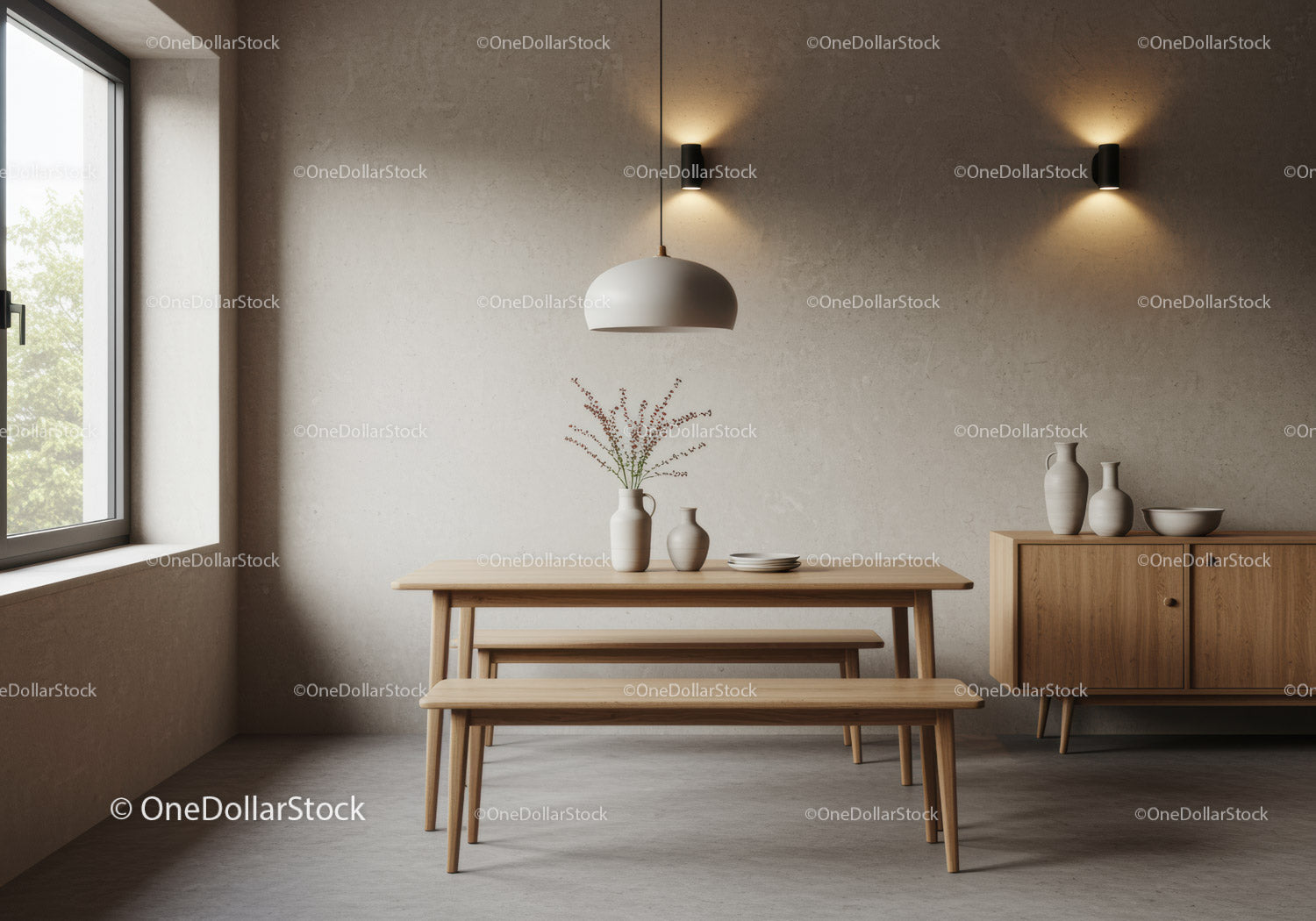 Minimalist dining area with wooden table and bench seating