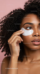 Elegant Woman with Curly Hair Applying Facial Sheet Mask
