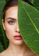 Close-up of Woman with Blue Eyes and Water Droplets on Leaf