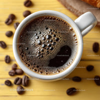 Delicious Black Coffee in a White Mug on Wooden Table