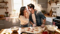 Couple Playfully Baking Heart-Shaped Cookies Together