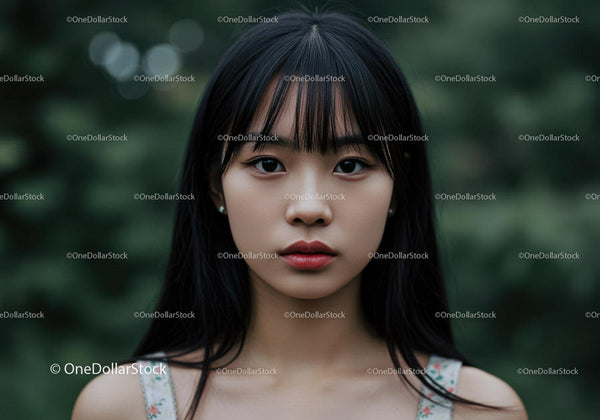 Portrait of a Young Woman with Black Hair in a Natural Green Setting