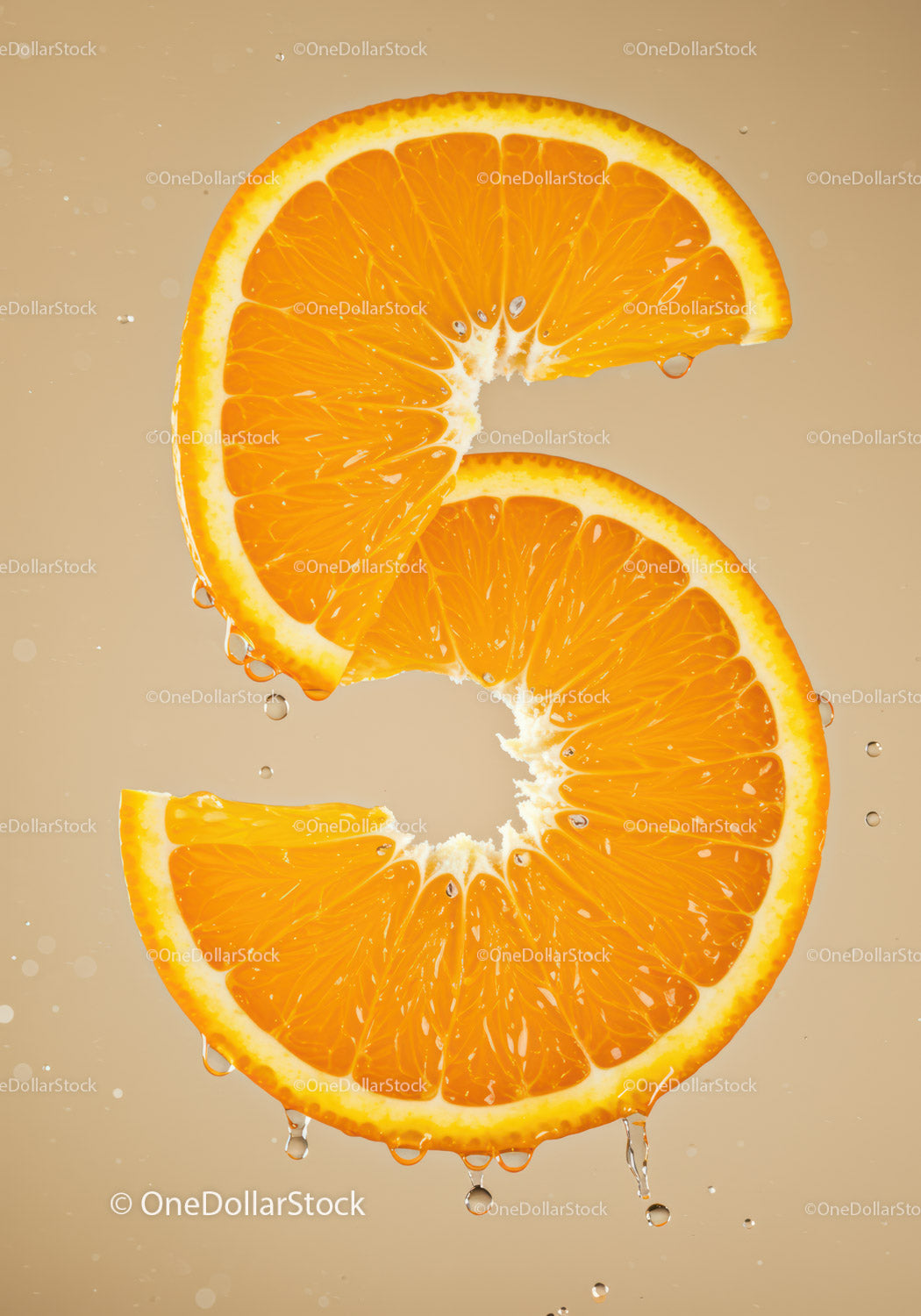 Fresh Orange Slices Forming Number Five with Water Droplets