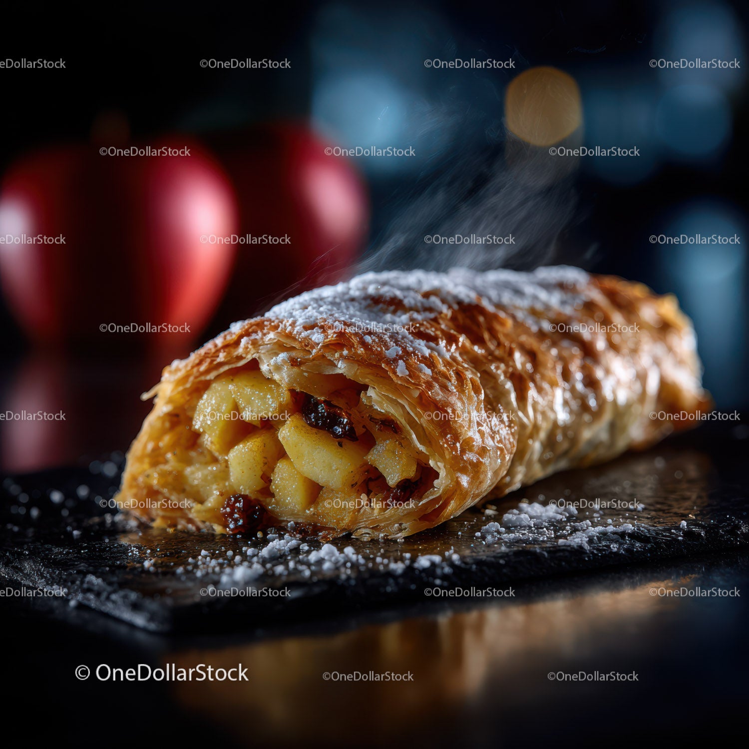 Delicious Warm Apple Strudel with Flaky Pastry and Dusting of Powdered Sugar