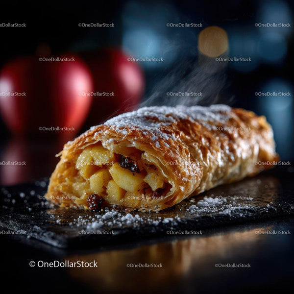 Pyszny ciepły strudel jabłkowy z kruchym ciastem i posypką z cukru pudru