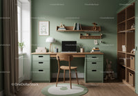Cozy Study Room with Green Walls and Wooden Furniture