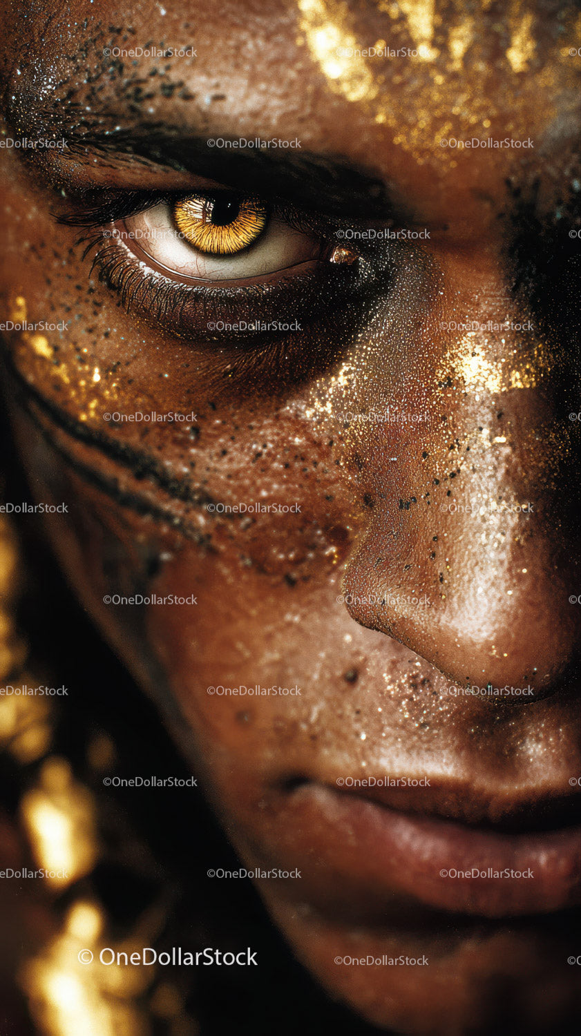 Close-up of An African Tribal Face with Gold Metallic Body Art
