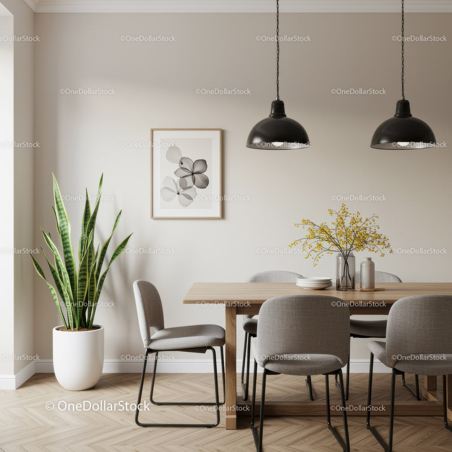Contemporary Dining Room with Snake Plant and Pendant Lighting