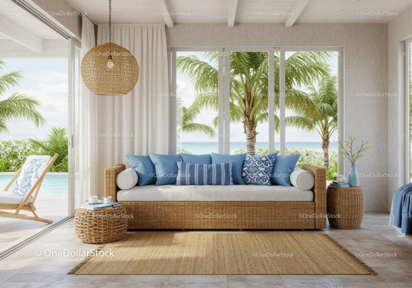 Cozy coastal living room with wicker sofa and ocean view