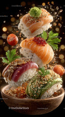 Colorful Fish Sushi with Seafood and Fresh Vegetables