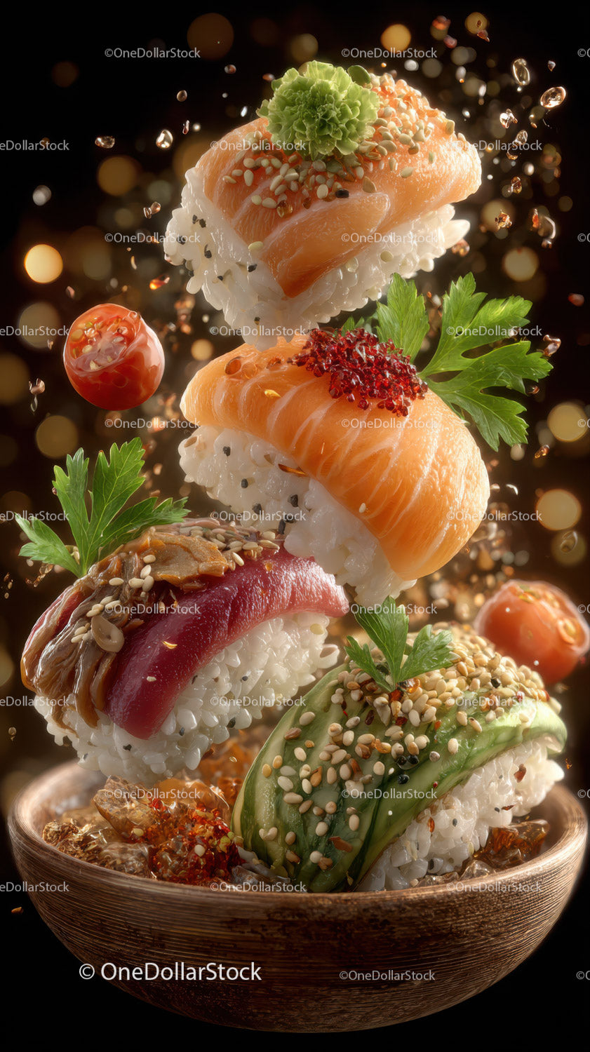 Colorful Fish Sushi with Seafood and Fresh Vegetables