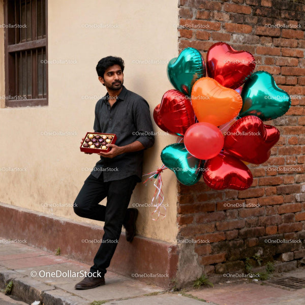 Man holding chocolates with heart balloons leaning on wall