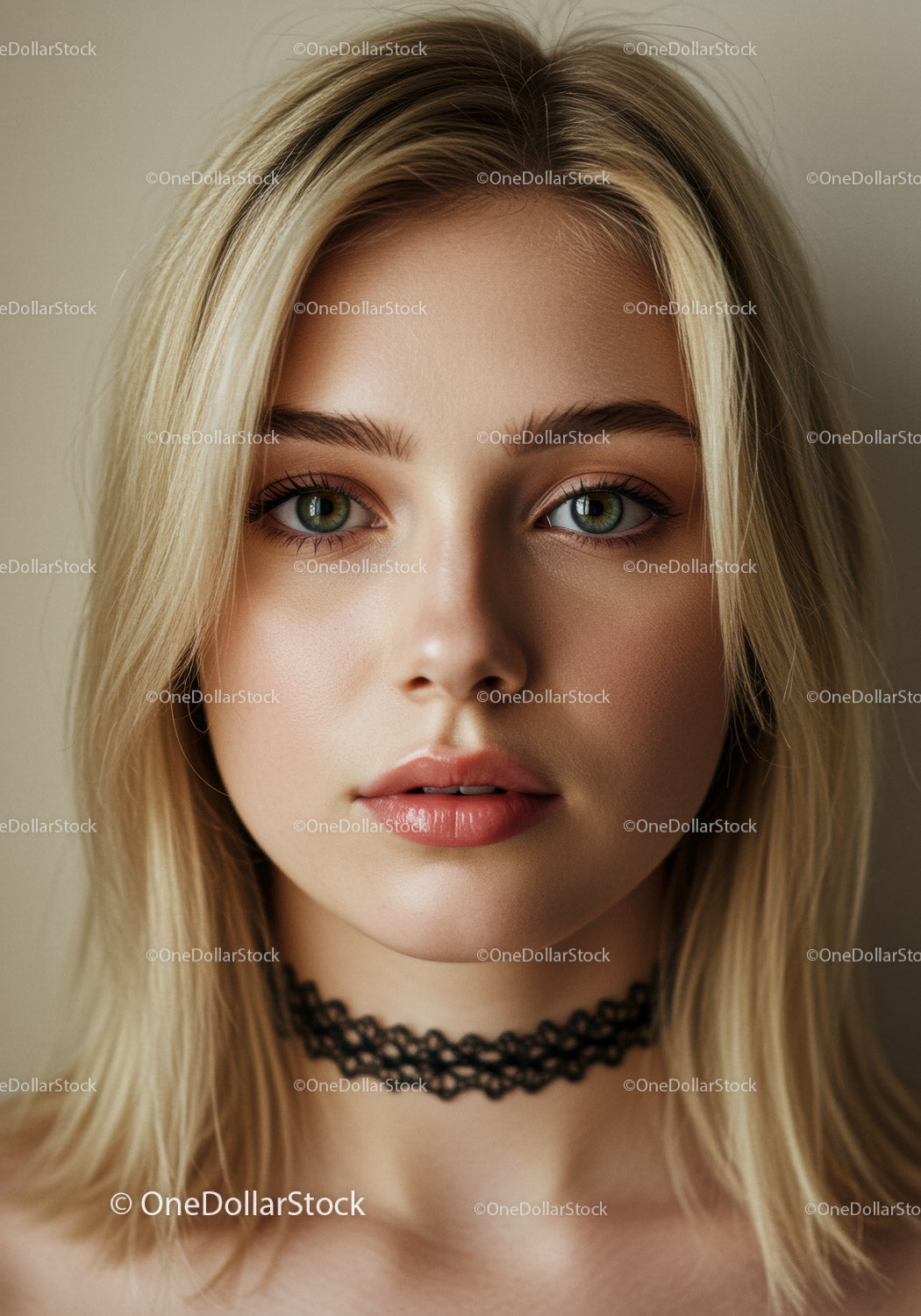 Portret blondynki z zielonymi oczami i czarnym naszyjnikiem