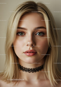 Close-up Portrait of a Blonde Woman with Green Eyes and Black Choker