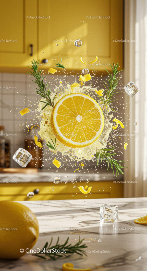 Fresh lemon slice with ice and rosemary splash in kitchen