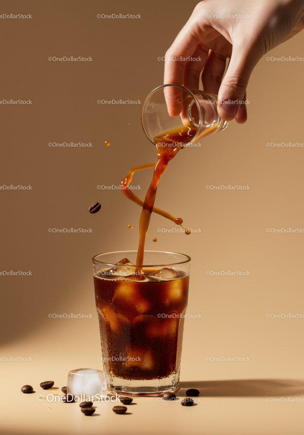 Pouring Cold Brew Coffee Over Ice Cubes