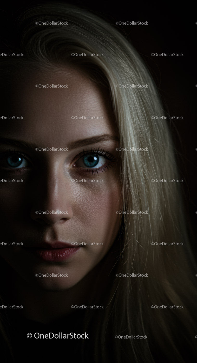 Closeup portrait of thoughtful blonde woman with blue eyes