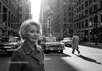 Vintage Cars and Elderly Woman in City Street Black and White