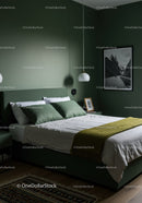 Green Bedroom with Modern Decor and Mountain Landscape Artwork