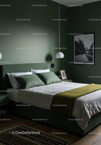 Green Bedroom with Modern Decor and Mountain Landscape Artwork
