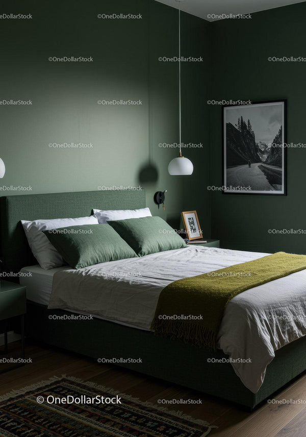 Green Bedroom with Modern Decor and Mountain Landscape Artwork