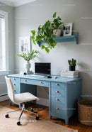Modern Home Office with Blue Desk and Green Indoor Plants