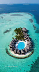 Overwater Bungalows Surrounded by Turquoise Ocean and Tropical Palm Trees