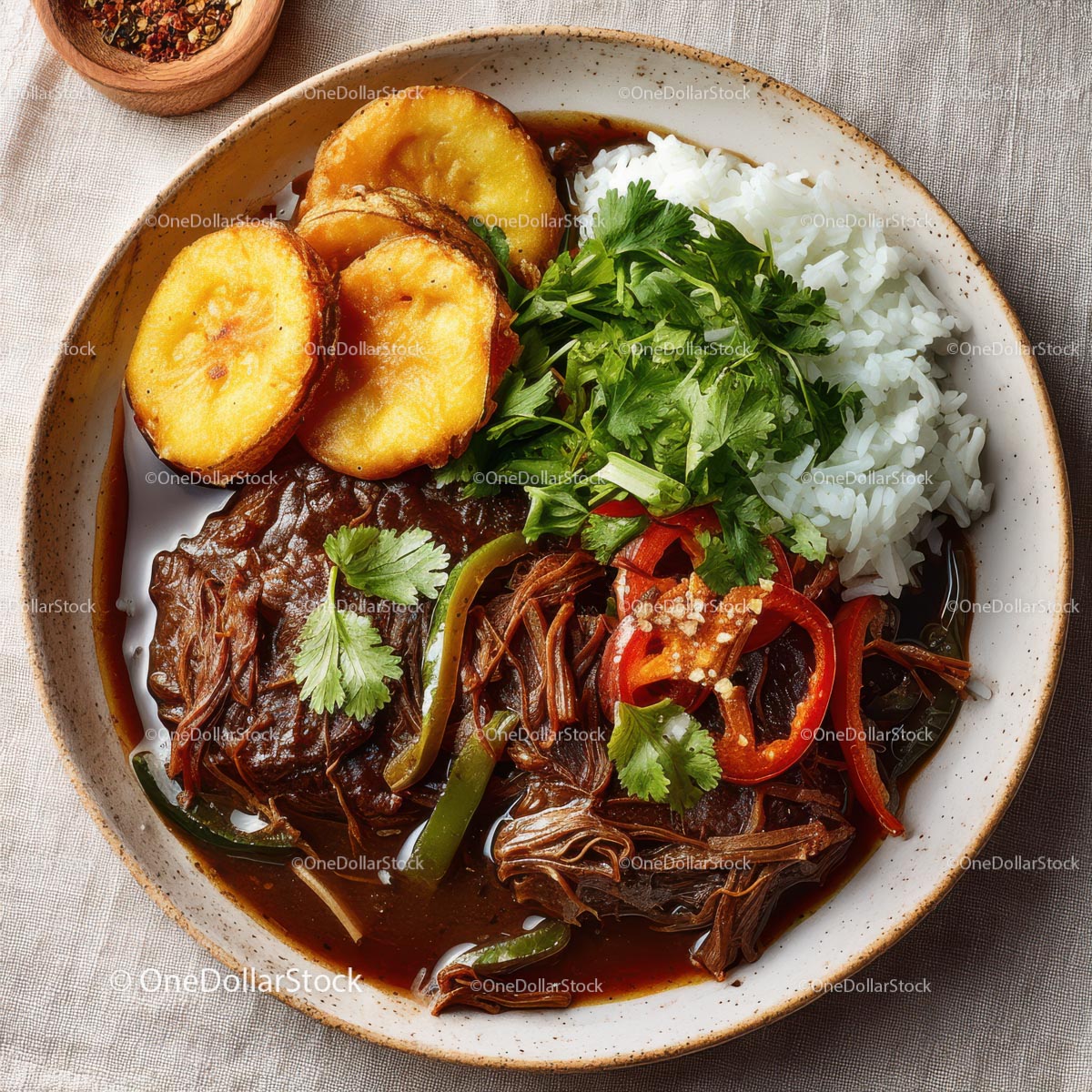 Savory Beef with Rice and Crispy Plantains on Rustic Plate