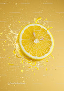 Fresh lemon slice splashing in vibrant yellow liquid