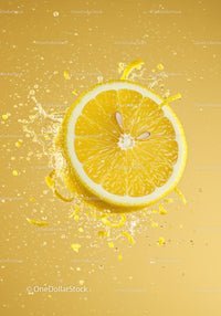 Fresh lemon slice splashing in vibrant yellow liquid