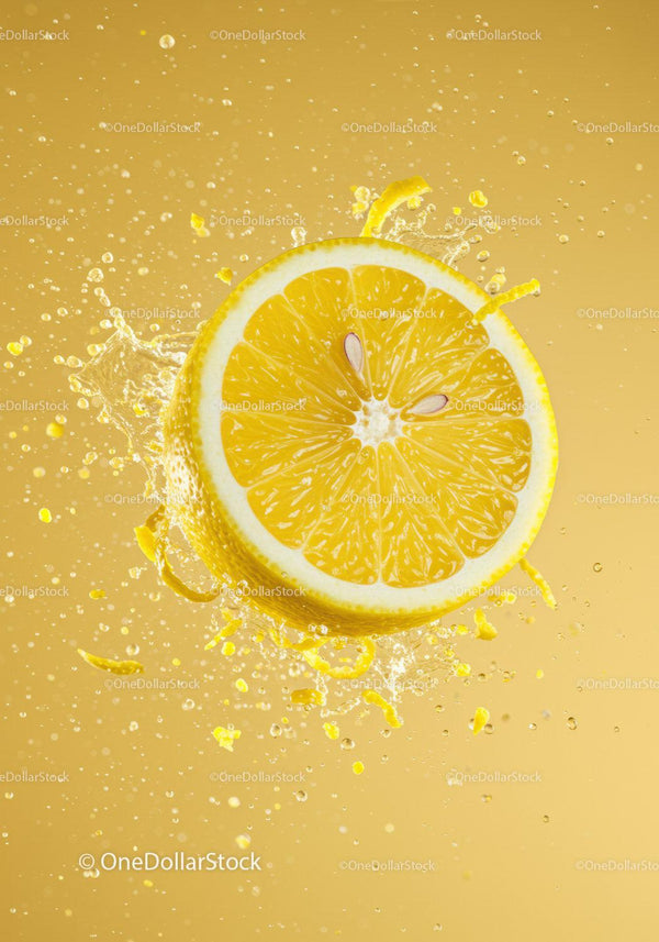 Fresh lemon slice splashing in vibrant yellow liquid