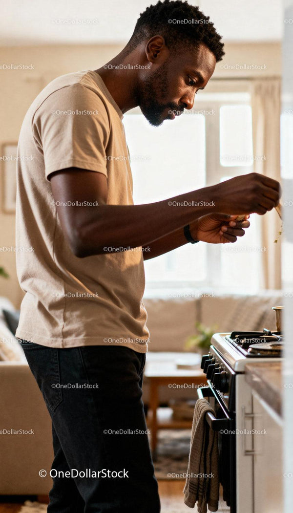 Man Concentrating on Cooking at Home Stove
