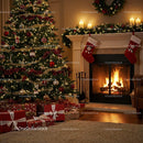 Cozy living room with Christmas tree and fireplace glow