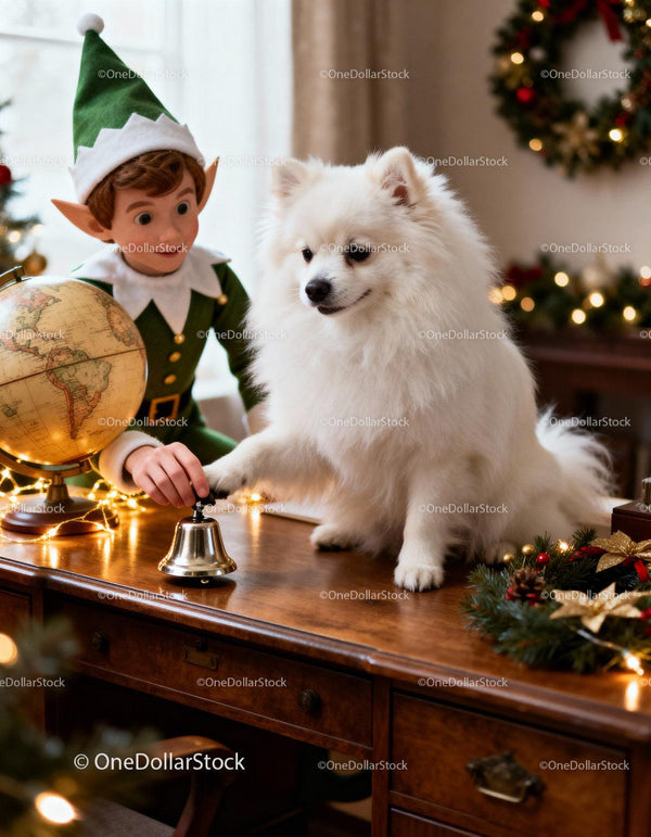 White fluffy dog ringing bell with Christmas elf