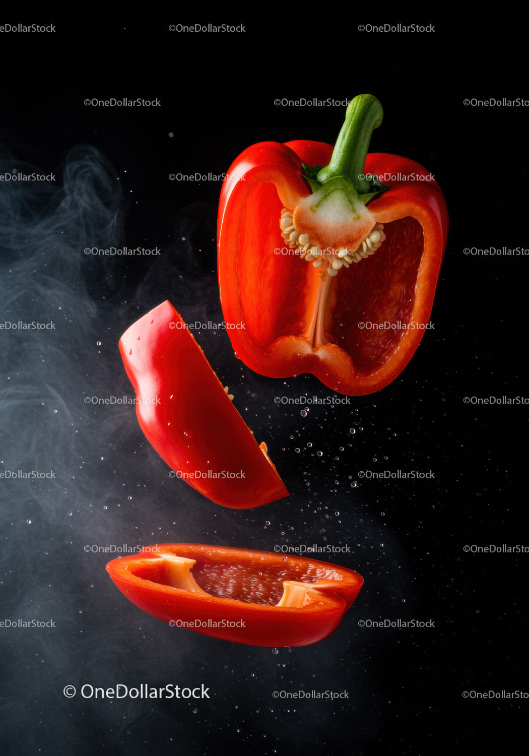 Fresh red bell pepper sliced against black background